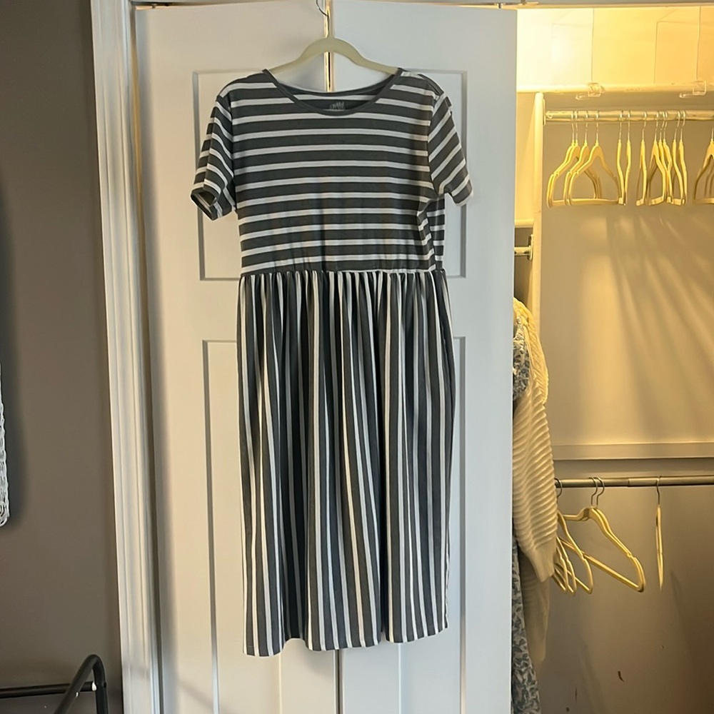 Tickled Teal Grey striped dress